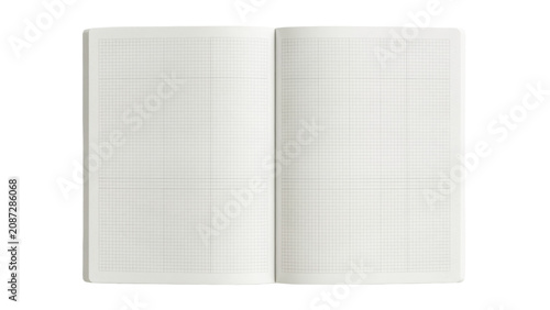 An open notebook featuring a grid pattern on white paper, isolated on a white background, use as a template for notes or diagrams