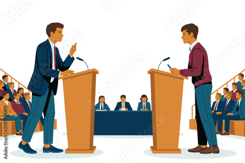 Canvastavla Two young men debating at podiums in front of a panel and audience