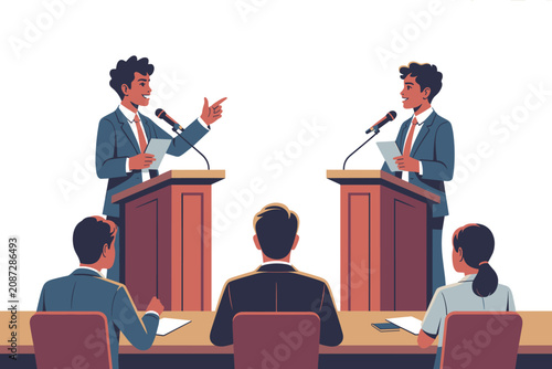 Canvastavla Two politicians debating at podiums in front of a panel of judges