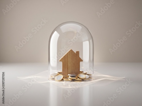 A small wooden house model sits on a pile of gold coins, all protected under a clear glass dome, symbolizing home security and financial investment.