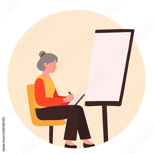 Woman sitting and taking notes while writing on a notepad. Elderly set  