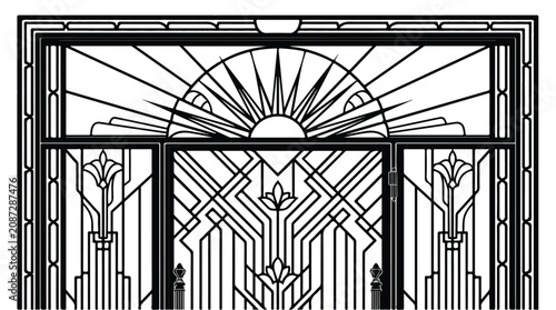 Art Deco Geometric Gate Pattern with Sunburst and Floral Motif