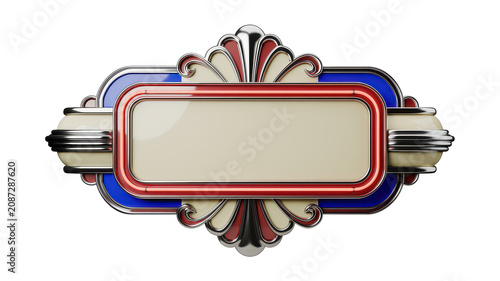 Deco style rectangular sign frame with chrome metallic edges and red and blue accents isolated on a plain white background surface