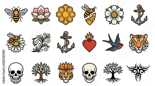 Tattoo Style Icons: Bees, Flowers, Anchor, Tiger, Skull, Tree, Heart