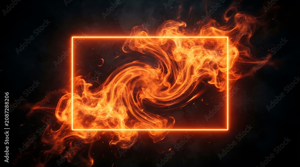 Fototapeta premium Fiery rectangle frame with swirling flames and sparks against a dark textured background creates a dramatic and intense visual effect