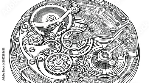 Intricate Mechanical Watch Movement Line Art Illustration