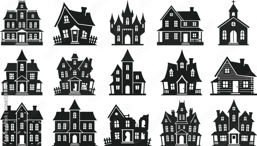 Fototapeta premium Black silhouette collection of diverse architectural house styles