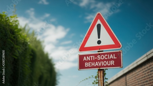 Red warning sign for anti-social behavior in a public park setting