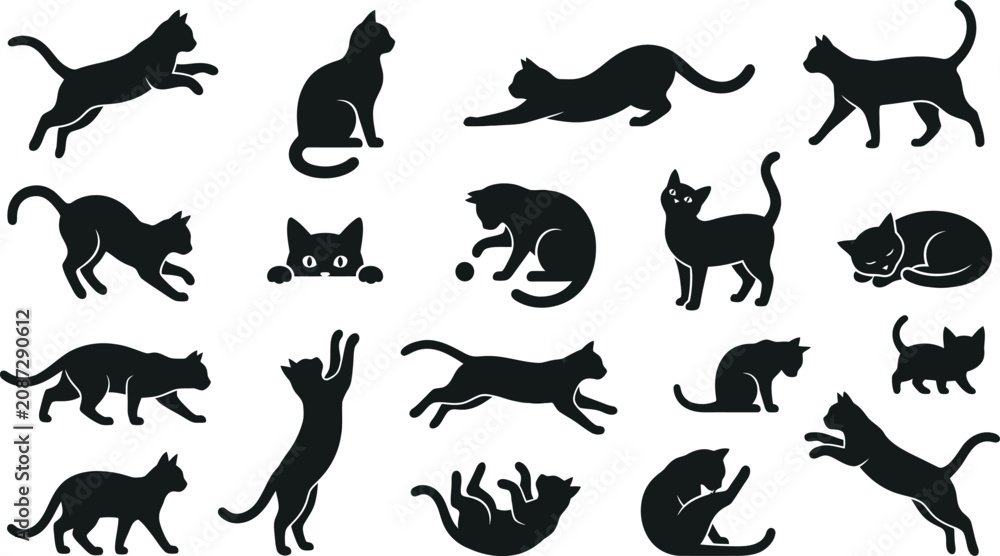 Obraz premium A collection of various black cat silhouettes in different poses including jumping, sitting, stretching, playing, and sleeping on white