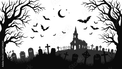 Fotografía A Spooky Halloween Graveyard Scene Featuring Silhouetted Tombstones, Bare Trees,