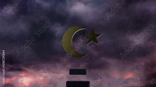 On scene start zooming, gold crescent-star centering, bars rising, clouds shifting for focus