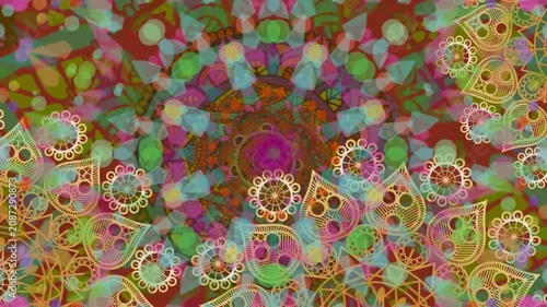 On loop start central mandala spinning and resizing, petals and lace drifting to form kaleidoscope