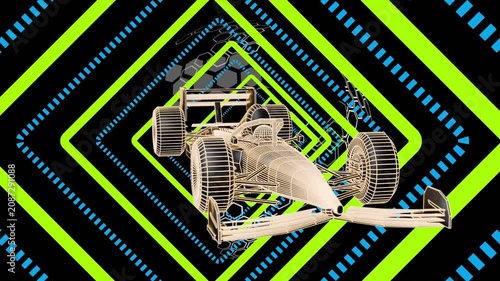 Neon diamonds and rings rotating, 3D wireframe car approaching, zooming close, showing suspension