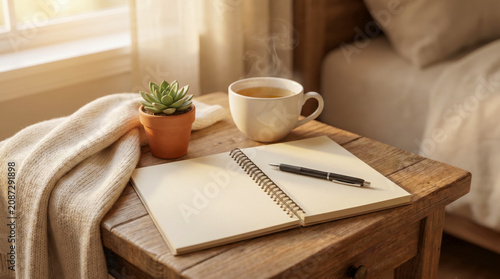 Open blank journal with pen coffee cup and succulent on a rustic wooden bedside table