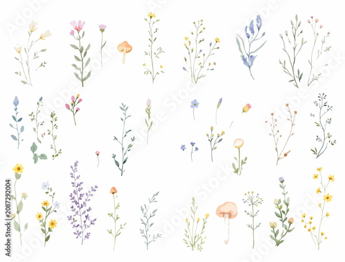 Beautiful minimalist flower garlands in soft rustic watercolor composition
