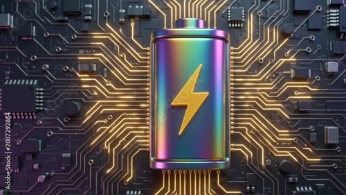 3d illustration of a colorful metallic battery icon with a lightning bolt symbol placed on a dark electronic circuit board background