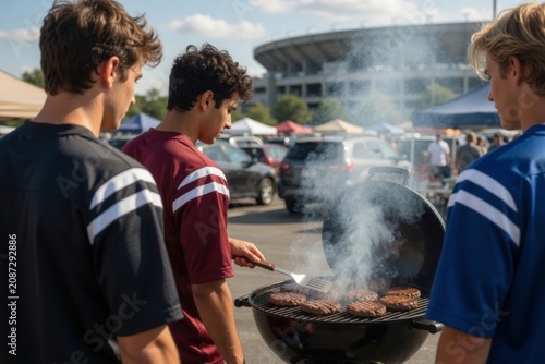 Young men grilling hamburgers at a tailgate party before a game, celebrating friendship and sports culture outdoors