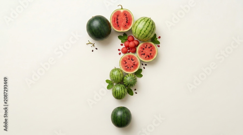 Question mark made up of watermelon, Healthy Food Question Concept with Fresh Fruits on White, Question Mark Made of Fresh Fruits Isolated on White Background