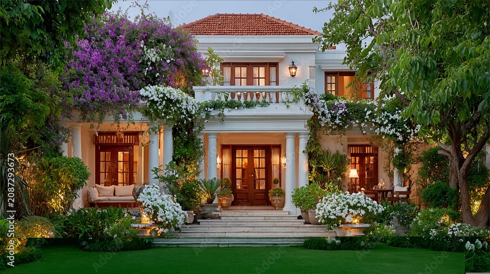 Fototapeta premium Exquisite villa adorned with lush flora, showcasing luxury living in a tranquil setting