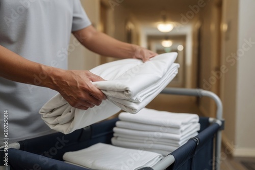 Hotel staff organizing clean white sheets on a service cart in a hallway, preparing for room servicing