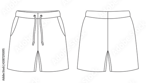 Photos Technical sketch of men athletic shorts with drawstring and pockets front and ba