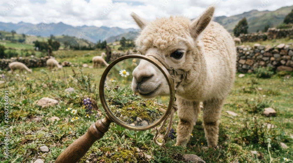 Fototapeta premium Curious alpaca in grassy andean landscape with magnifying glass for editorial background and nature banner