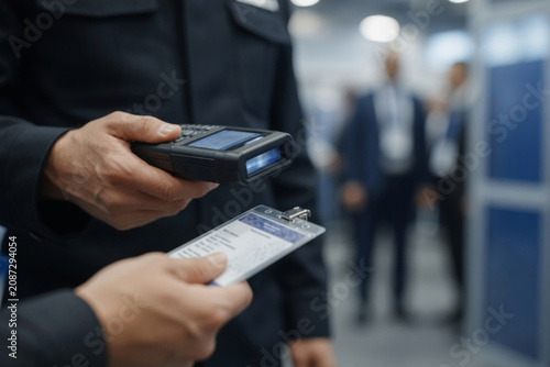 Security professional scanning an id badge with a handheld device, ensuring secure access and control at a busy venue