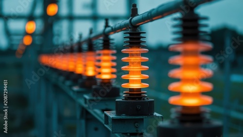 Row of high voltage electric insulators glowing orange on power lines at dusk