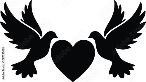 Photos Two flying doves silhouette with central heart shape isolated on white backgroun