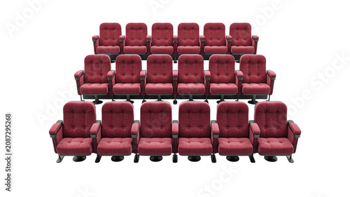 Rows of maroon velvet cinema seats with tufted backrests and armrests, arranged in a tiered formation on a plain white background, studio