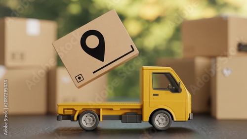 Yellow delivery truck with a floating cardboard box and location pin icon, concept for logistics, shipping, and package tracking.