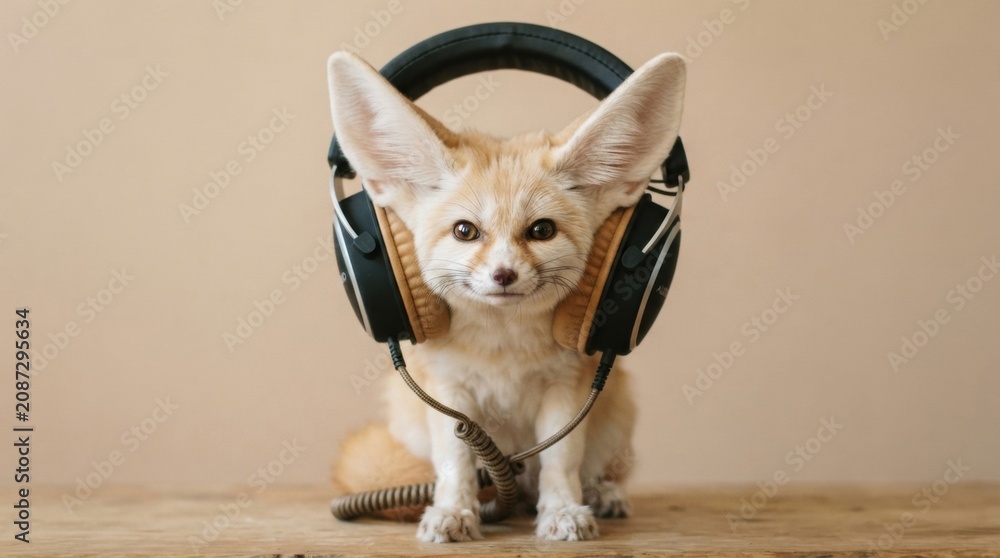 Fototapeta premium Fennec fox wearing large headphones on wooden table with beige backdrop for playful pet music banner and whimsical animal content
