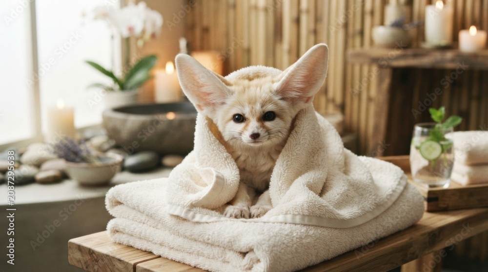 Fototapeta premium Small fennec fox wrapped in a towel on a wooden bench in a spa setting for pet wellness background and cozy lifestyle design