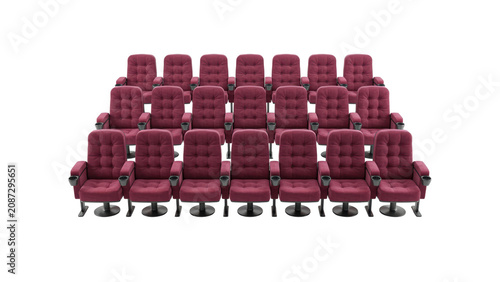 Rows of maroon velvet cinema seats with tufted backrests and armrests, arranged in a tiered formation on a plain white background, studio