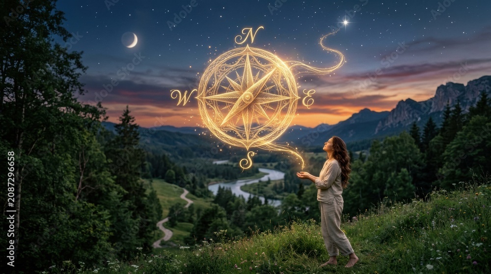 Obraz premium Woman holding a glowing compass rose above a mountain valley at dusk for fantasy background and inspirational banner design