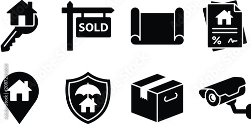Foto Real estate and property silhouette icon set isolated on white background for ho