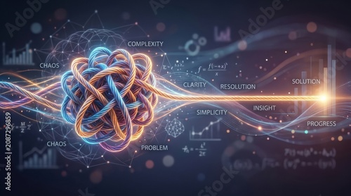 Interconnected knotted mass resolving into a clear glowing line representing problem solving clarity insight and progress for infographic banner and data visualization