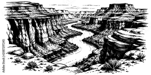 Dramatic canyon landscape rendered in an engraved style with layered cliffs and a winding river, perfect for travel artwork, geography books, posters, and scenic prints.