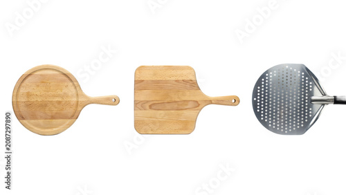 Set of kitchen tools featuring a round wooden pizza peel, a square wooden pizza board, and a perforated metal pizza peel with a black handle