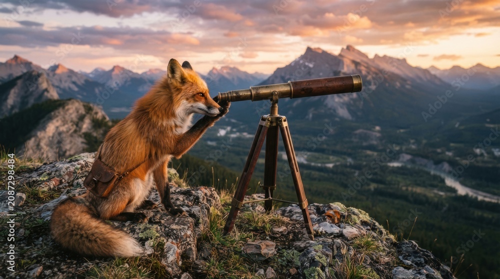 Fototapeta premium Red fox using a brass telescope on rocky mountain summit at sunset for adventure background and travel poster design