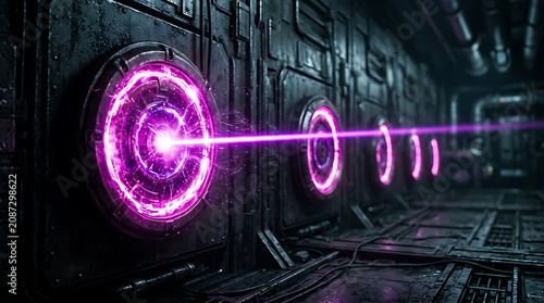 Futuristic sci fi corridor with glowing purple laser beam energy reactor