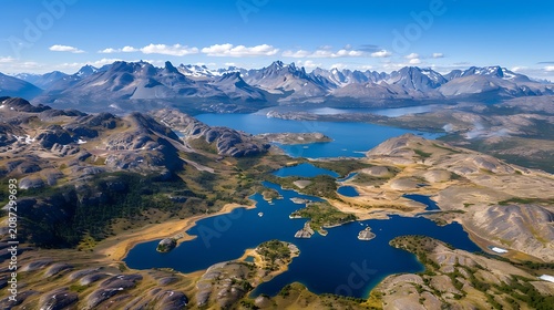 Majestic aerial view of a pristine blue glacial lake surrounded by rugged mountain ranges under a clear bright summer sky