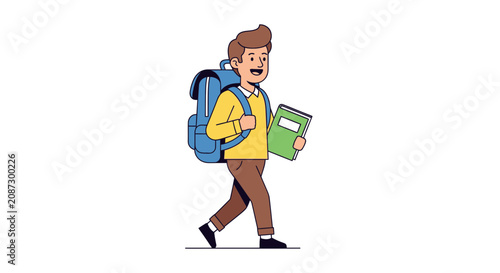 Konstfotografi Happy schoolboy walking to school with backpack and notebook