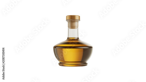 A short, wide glass bottle filled with golden amber liquid, featuring a metallic gold cap, isolated on a plain white background, studio lighting