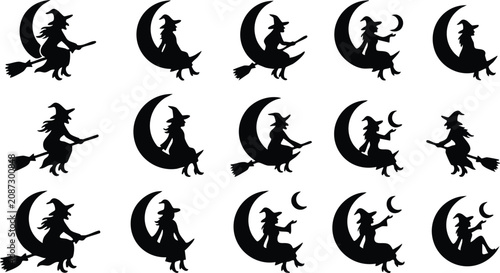 Foto Collection of black silhouettes showing a witch riding a broomstick or sitting o