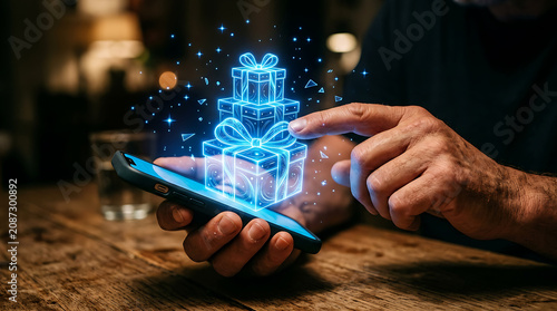 Senior man using smartphone with glowing digital hologram gift boxes over screen