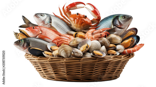 A large woven wicker basket filled with a variety of fresh raw seafood including whole fish, red crabs, shrimp, and assorted clams and mussels