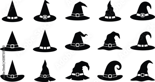 Foto Set of fifteen black witch hat silhouettes with various styles, shapes, and buck