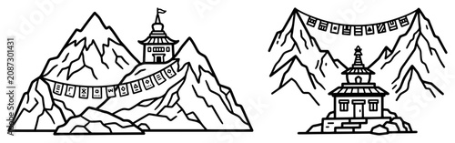 Tableau sur toile Himalayan mountains with buddhist stupa and prayer flags in minimalist line art