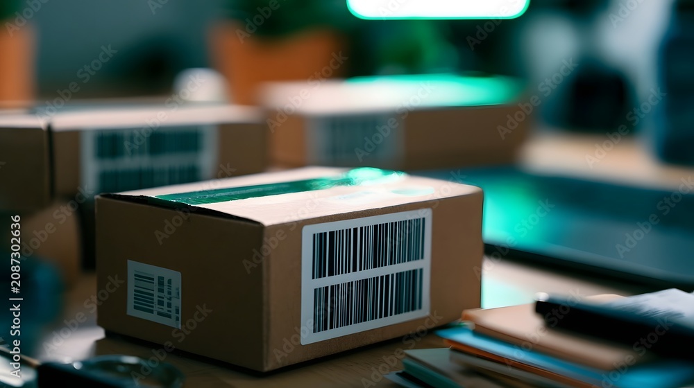 Fototapeta premium A small cardboard shipping box with barcode labels sits on a desk near office supplies under green neon lighting